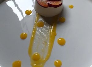 Una foto de Panna cotta de coco y coulis de mango