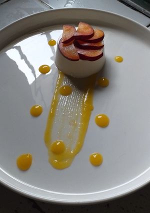 Una foto de Panna cotta de coco y coulis de mango
