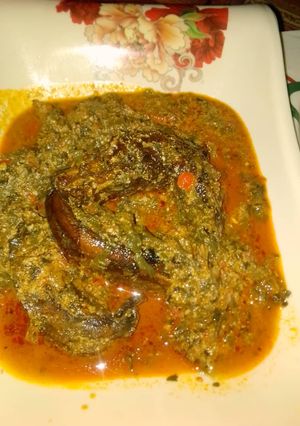 A picture of Egusi and green soup.
