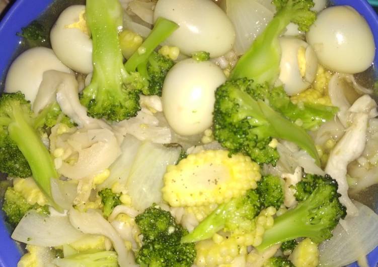 Cah Brokoli, jagung muda, jamur putih dan telor puyuh