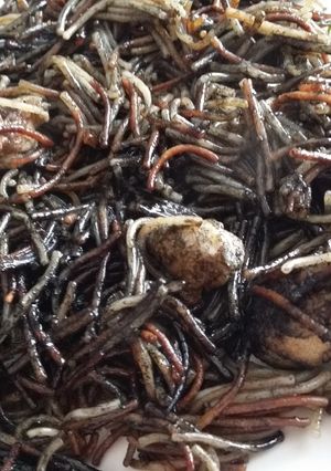 Una foto de Fideuà de fideos negros con rape