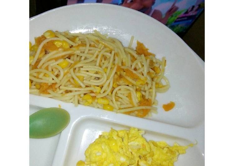 Mpasi 1 tahun (Spagethi & sayuran + telur orak arik)