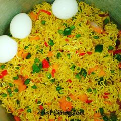 My stir fry noodles with boiled eggs and veggies A picture of My stir fry noodles with boiled eggs and veggies.