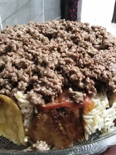 A picture of Maqluba with Ground Beef.