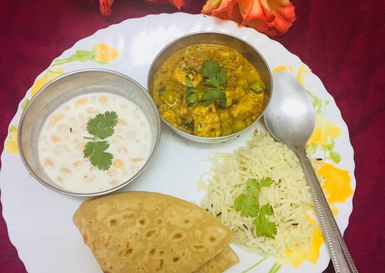 Mater paneer bundi raita jeera rice paratha(In proper lunch thali)