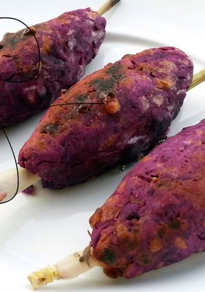 A picture of LG Sweet Potato Kebab (Lemongrass Skewers) Meatless.