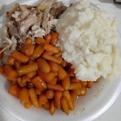 A picture of Slow Cooked Pork Roast with Ranch Mashed Potatoes and Glazed Carrots.