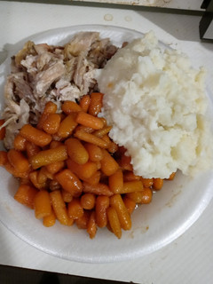 A picture of Slow Cooked Pork Roast with Ranch Mashed Potatoes and Glazed Carrots.