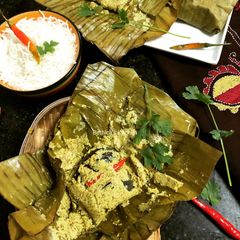 A picture of Eggplant Paturi (Eggplants cooked in Banana Leaf - Bengali Fusion Style).