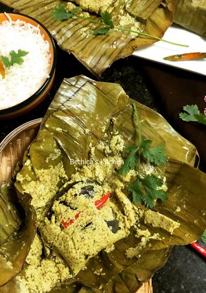 A picture of Eggplant Paturi (Eggplants cooked in Banana Leaf - Bengali Fusion Style).