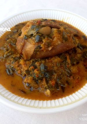 A picture of Pumpkin soup with moringa (zogale).
