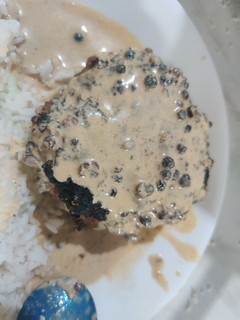 A picture of Hamburger Steak with Whisky Peppercorn Sauce.