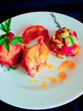 Piernas de pollo en salsa de naranja, ratatouille y papa pera