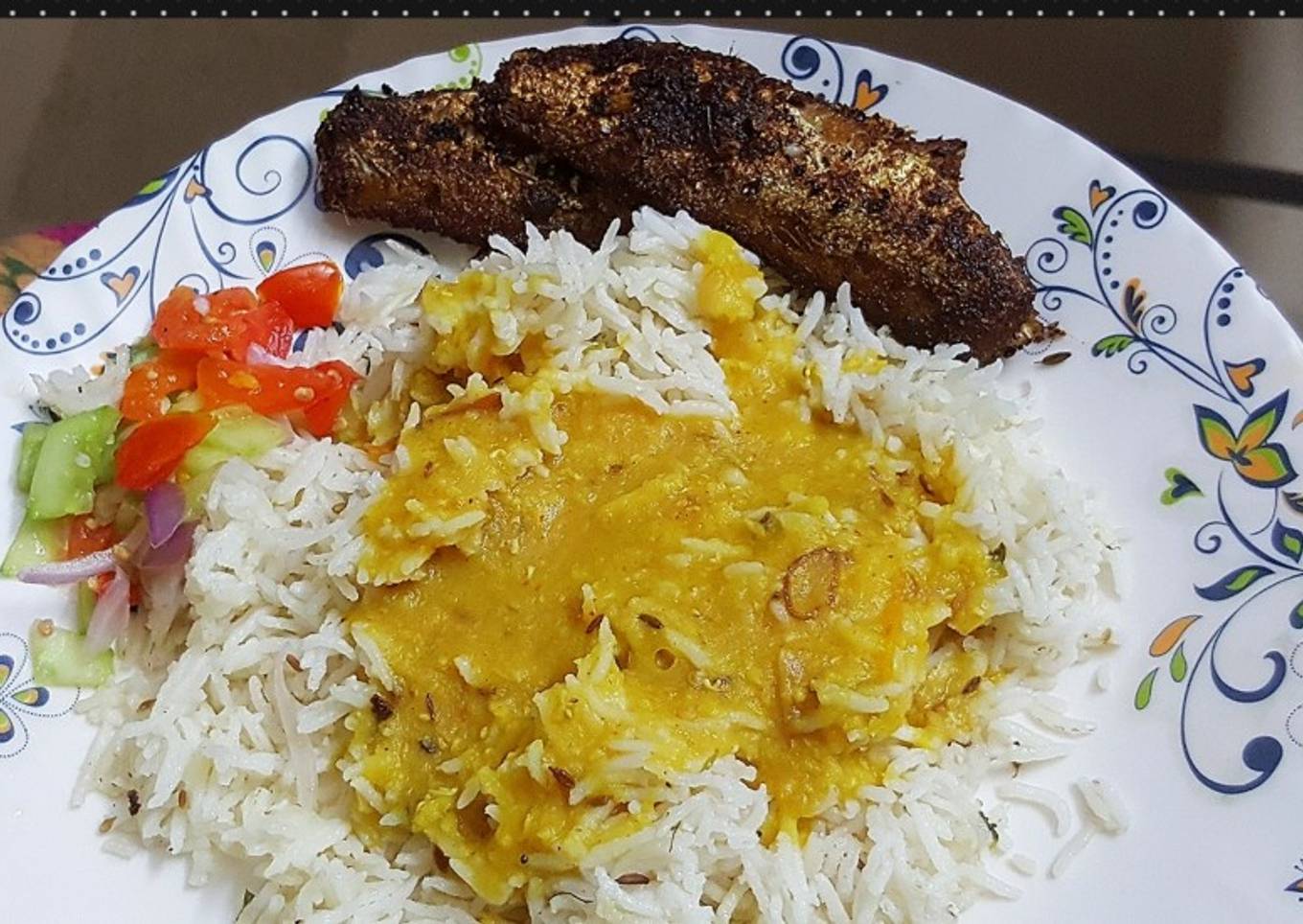 Butter rice khatti daal with fried fish