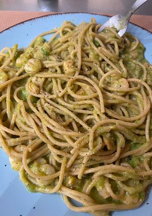 A picture of Whole Wheat Spaghetti with Zucchini and Shrimp.