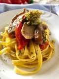 Fettuccine with Piccadilly Tomatoes, Porcini Mushrooms, and Sicilian Broccoli