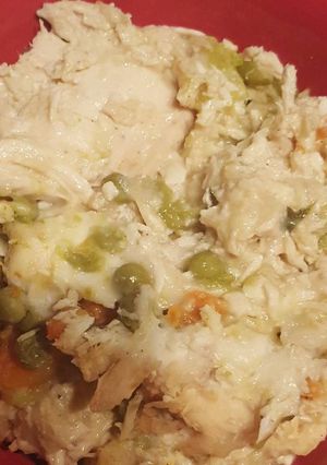 A picture of Crockpot chicken and dumplings.