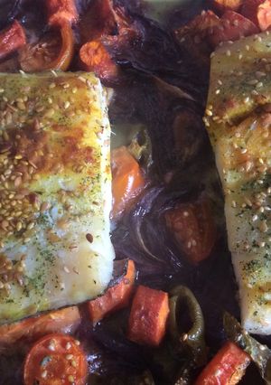 Una foto de Bacalao al horno con verduritas