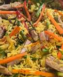 Wok de cerdo, verduras, soja