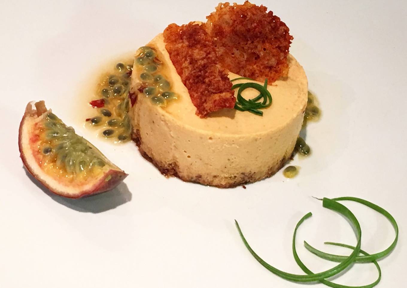 Carrot and goat cheese mousse with hot passion fruit sauce