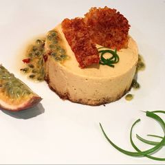 Carrot and goat cheese mousse with hot passion fruit sauce A picture of Carrot and goat cheese mousse with hot passion fruit sauce.