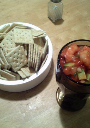 A picture of shrimp cocktail.
