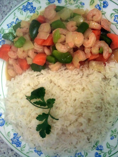 A picture of coconut rice with vegetableshrimps.