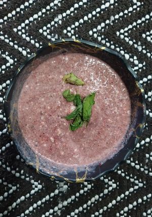 A picture of Beet root Raita with Sabja seeds.