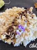 Risotto al caprino e pere con cioccolato, pere caramellate e nocciole
