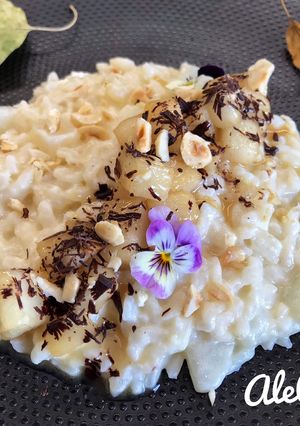 A picture of Goat Cheese and Pear Risotto with Chocolate, Caramelized Pears, and Hazelnuts.