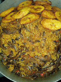 A picture of Local jollof rice and fried plantain.