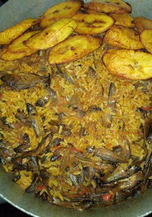 A picture of Local jollof rice and fried plantain.