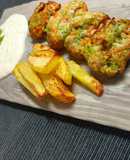 Nuggets de pollo, brócoli, y zanahoria en airyfryer