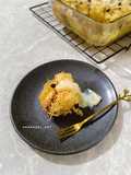 Cheesy Bread Pudding with Vanilla Sauce