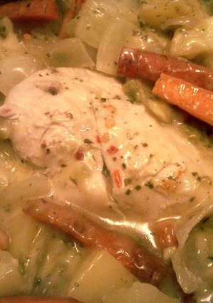 A picture of baked chicken and vegetables.