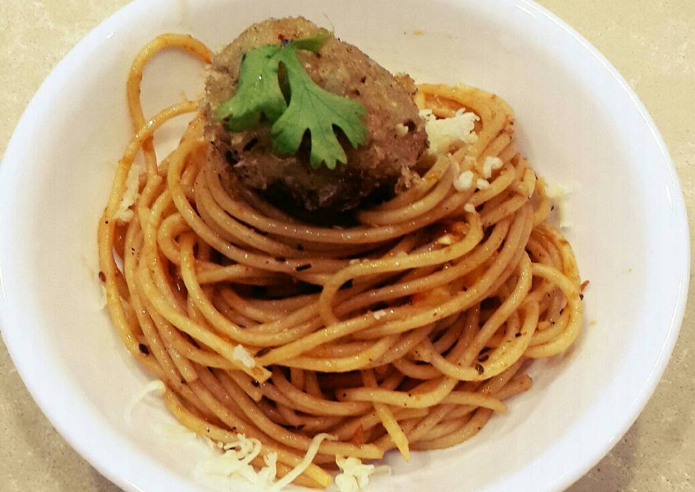Spaghetti with Cheese and Corn Balls