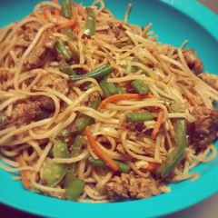 A picture of Chinese Chowmein, with chicken, eggs & veggies.