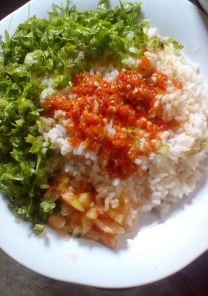 A picture of White rice and stew.