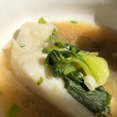 A picture of Dad’s White Seabass Soup w/Bokchoy.