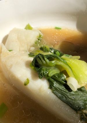 A picture of Dad’s White Seabass Soup w/Bokchoy.