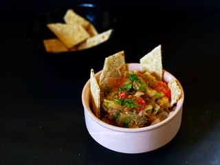 Burnt Eggplant Dip with Namak Para