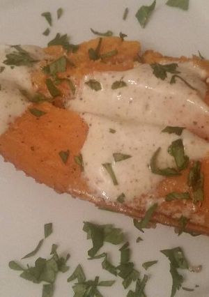A picture of Cumin Baked Sweet Potato w/ Ancho Crema.