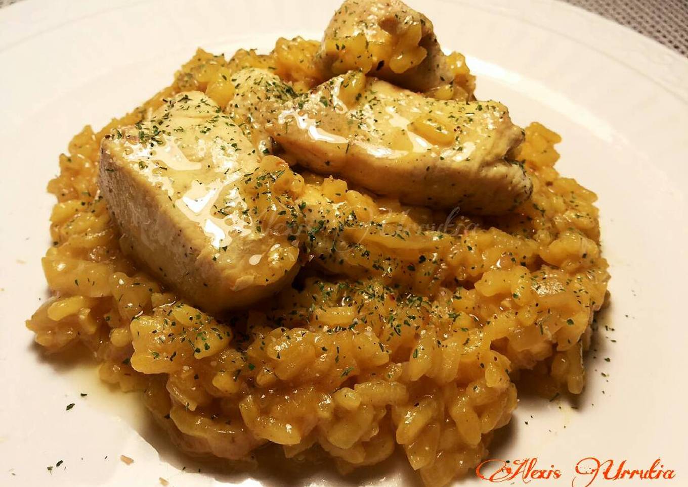 Arroz meloso con pechuga de pollo al curry y un toque de garam masala