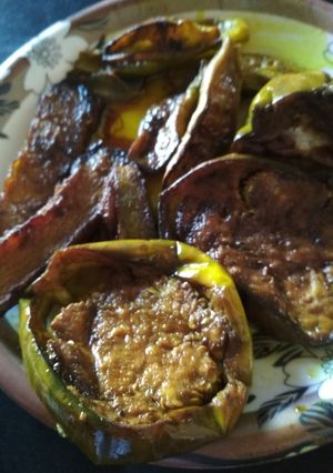 A picture of Fried Brinjal and pumpkin.