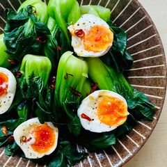 Bok Choy with jammy eggs A picture of Bok Choy with jammy eggs.