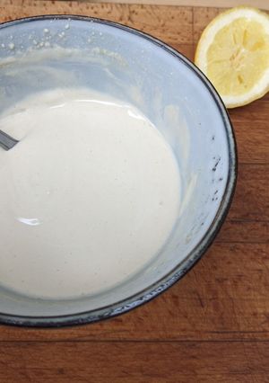 A picture of Basic creamy tahini sauce (dip, salads, wraps).