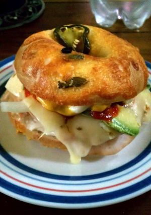 A picture of jalapeno cheese bagel sandwhich.