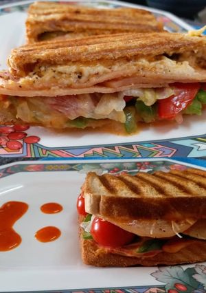 A picture of Chicken Salami and Cheese Grilled Sandwich.