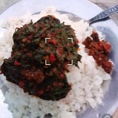 A picture of White rice with vegetable soup.