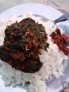 A picture of White rice with vegetable soup.
